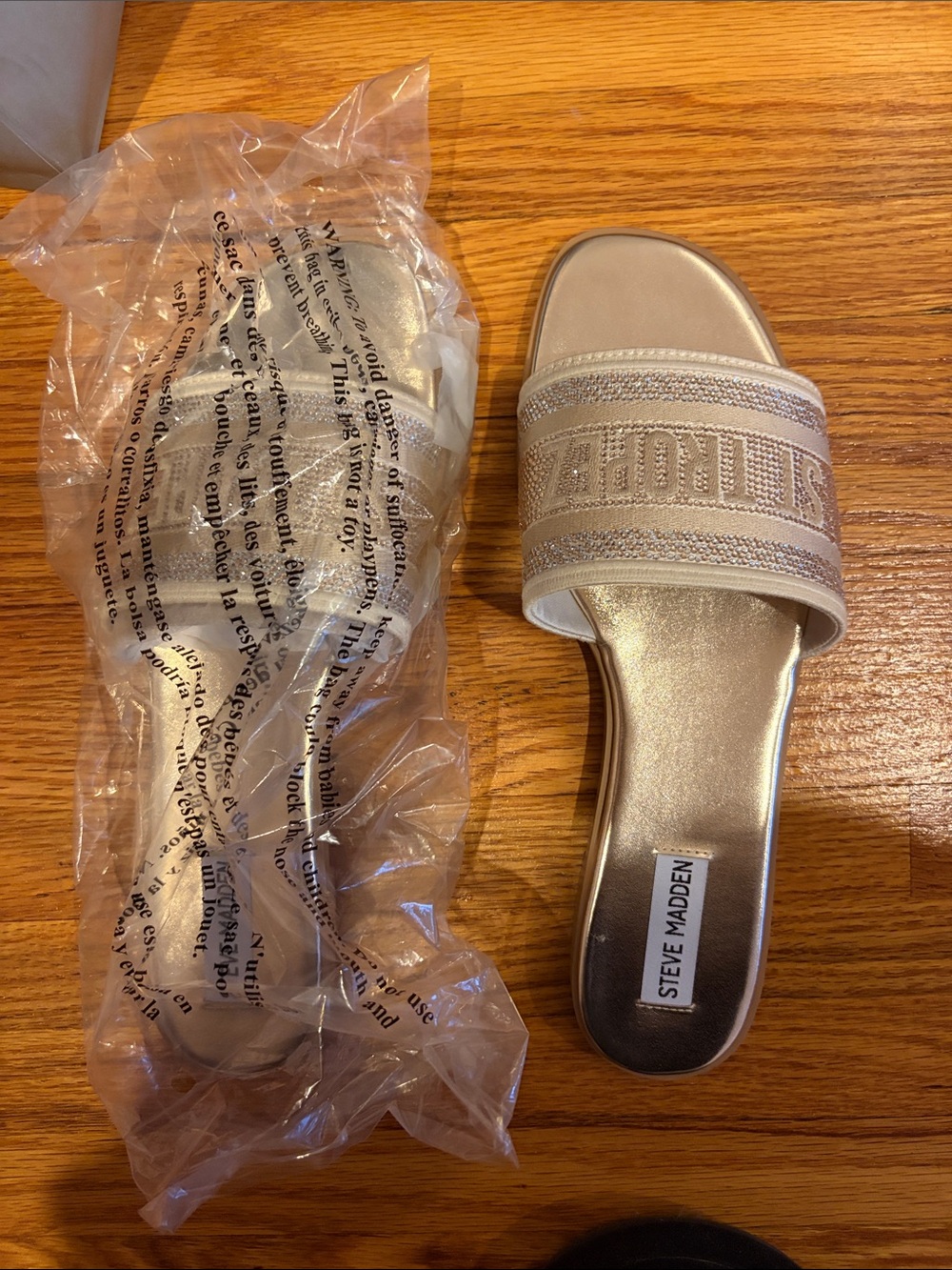 Steve Madden St Tropez Gold and Blush Crystal Strap Slide Slippers